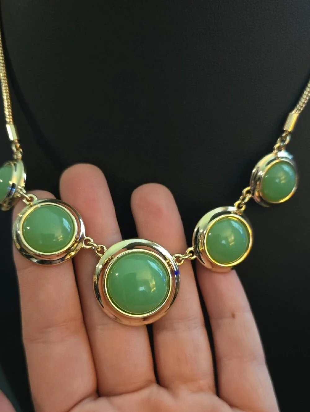 Vintage Signed Monet Gold-Tone Collar Statement Necklace - Mint Green Cabochons